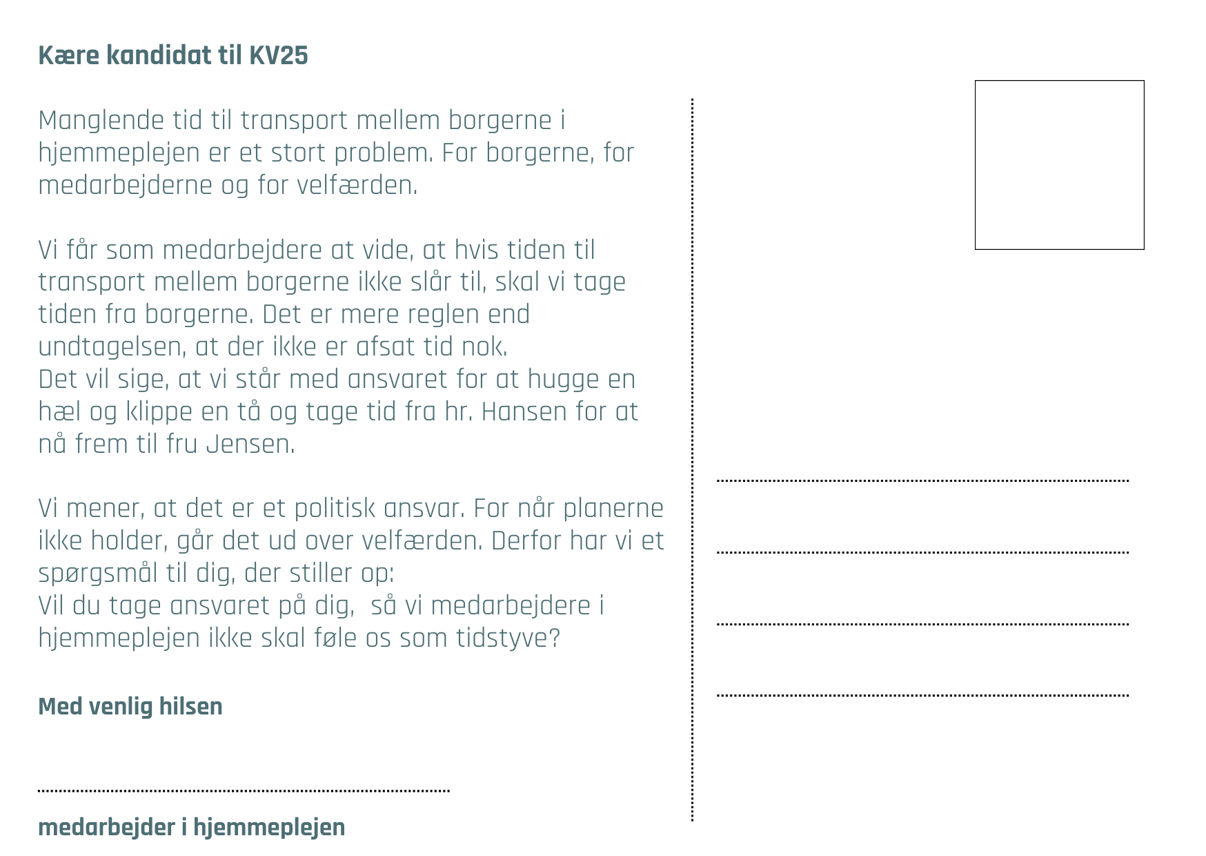 Postkort til kampagne om vejtid